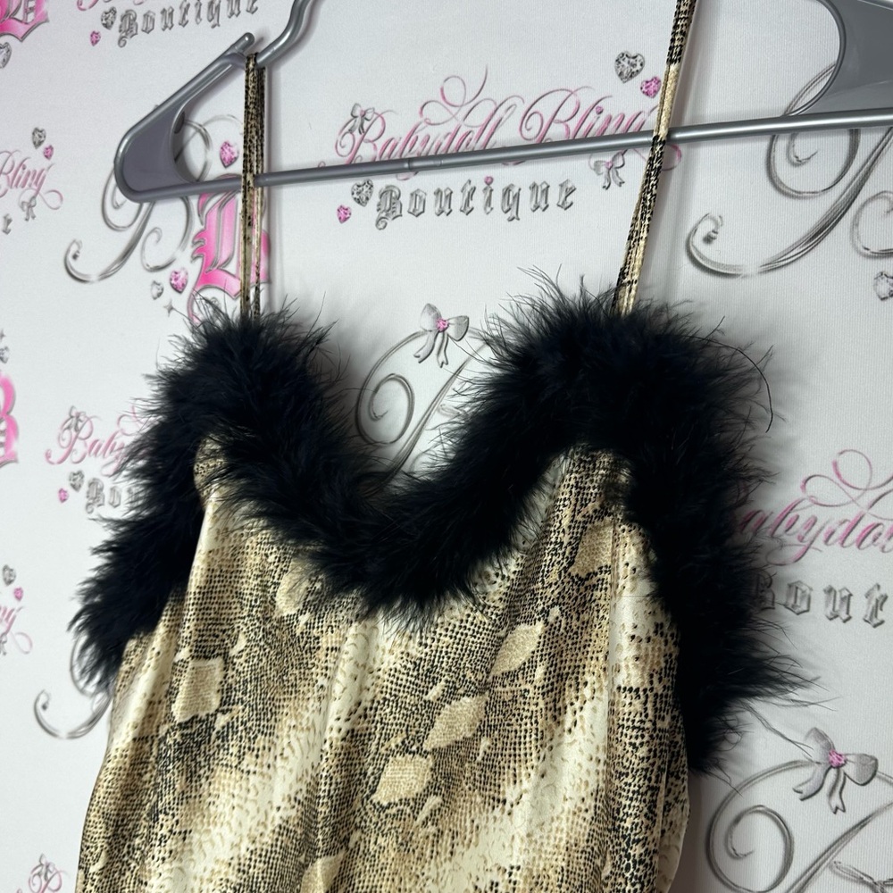 Cinema exoile fur Snake Print Dress Black Fur Trim furry feathers - Picture 2 of 6